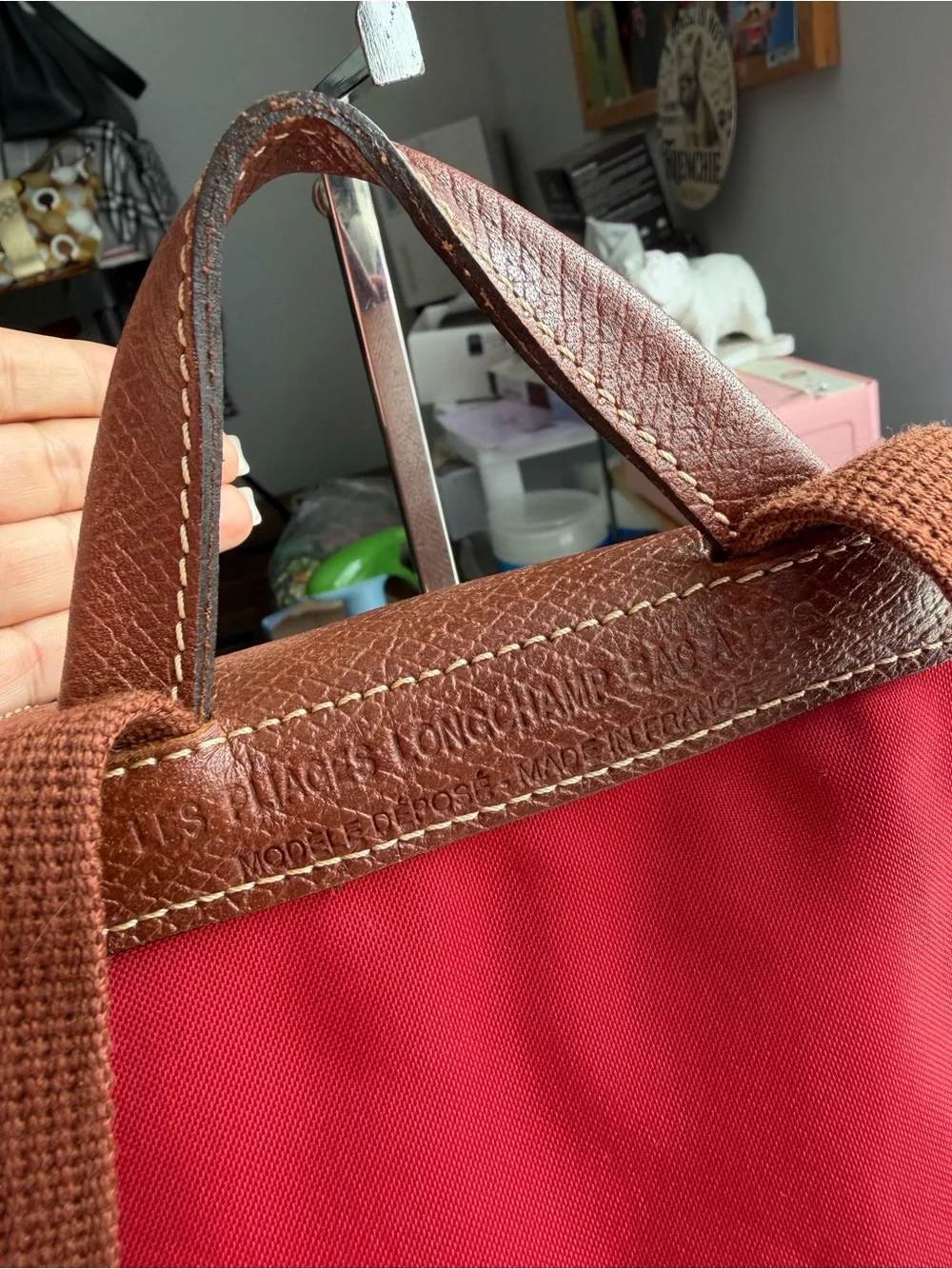 Longchamp Le Pliage Red Backpack with Brown Trim